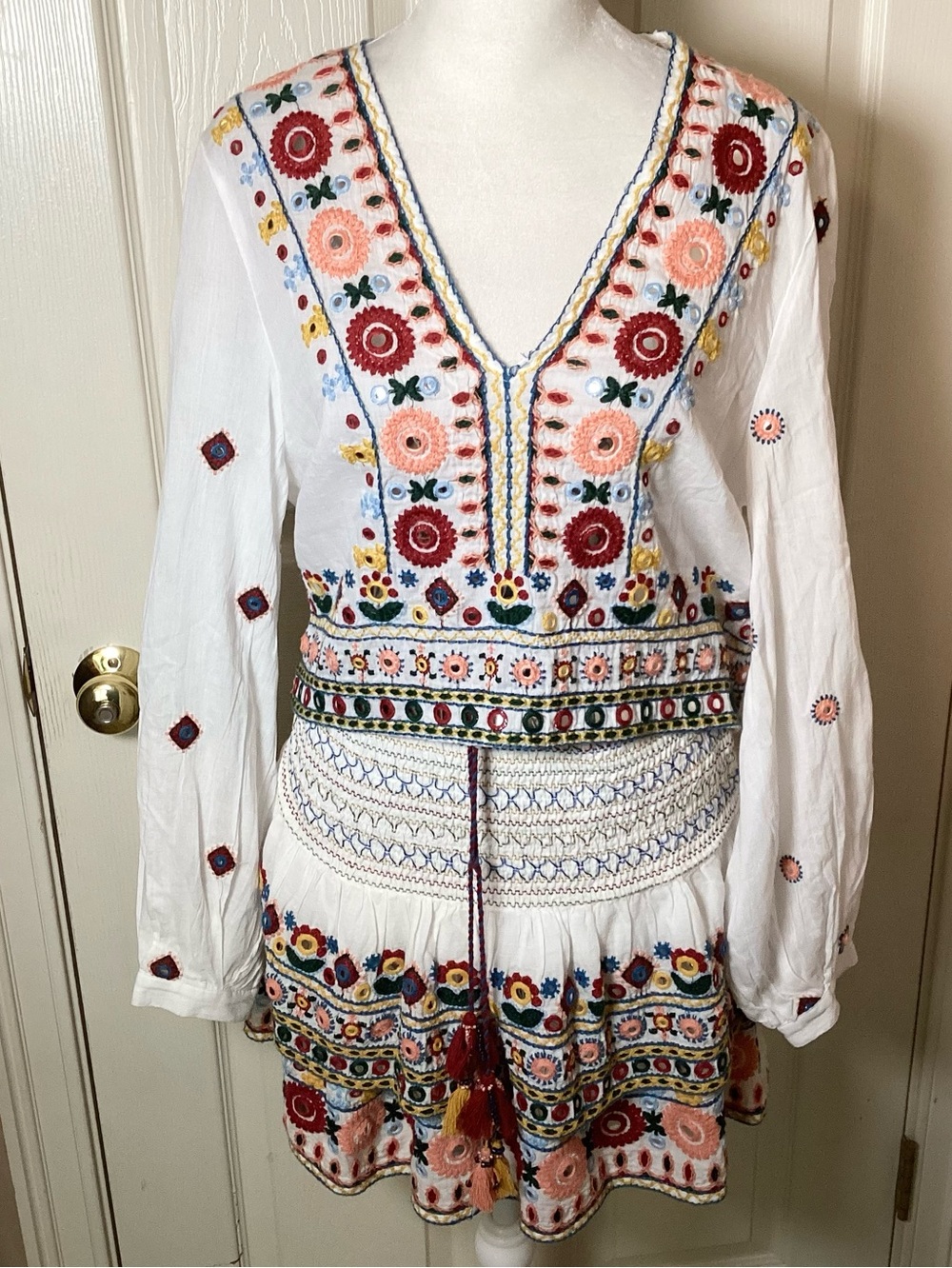 Zara White Embroidered Peasant Tunic & Tiered Skirt with Multicolor Trim - S